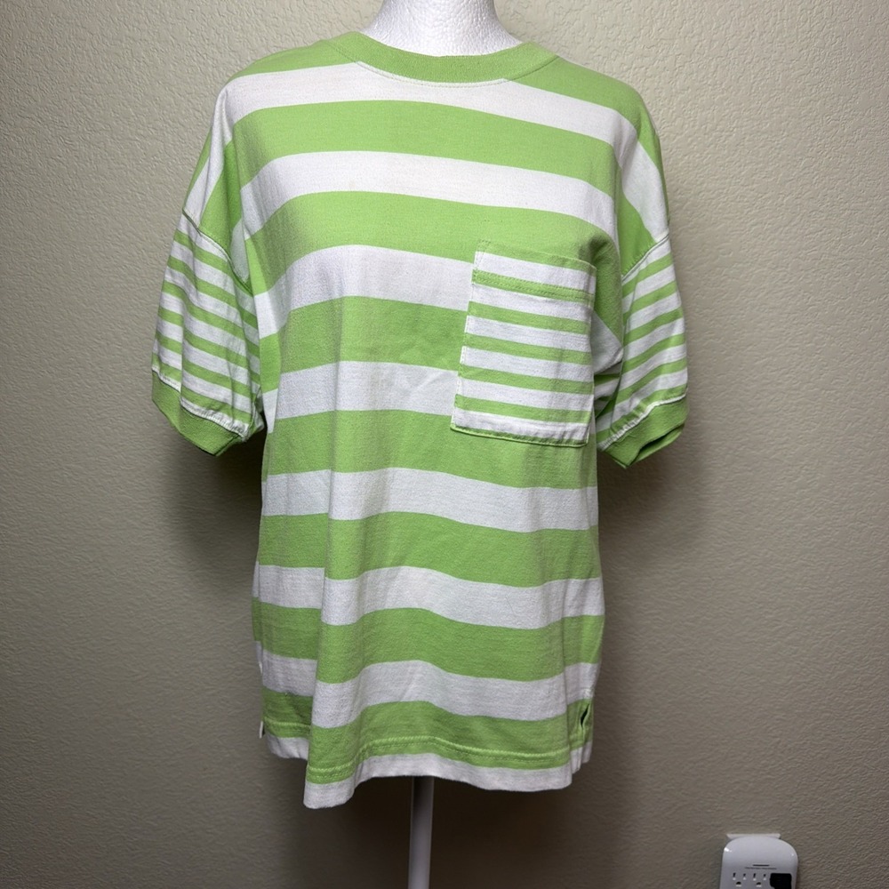 Partners Mervyns S Green White Stripe T-Shirt Retro 1990s Skate Grunge Pocket T